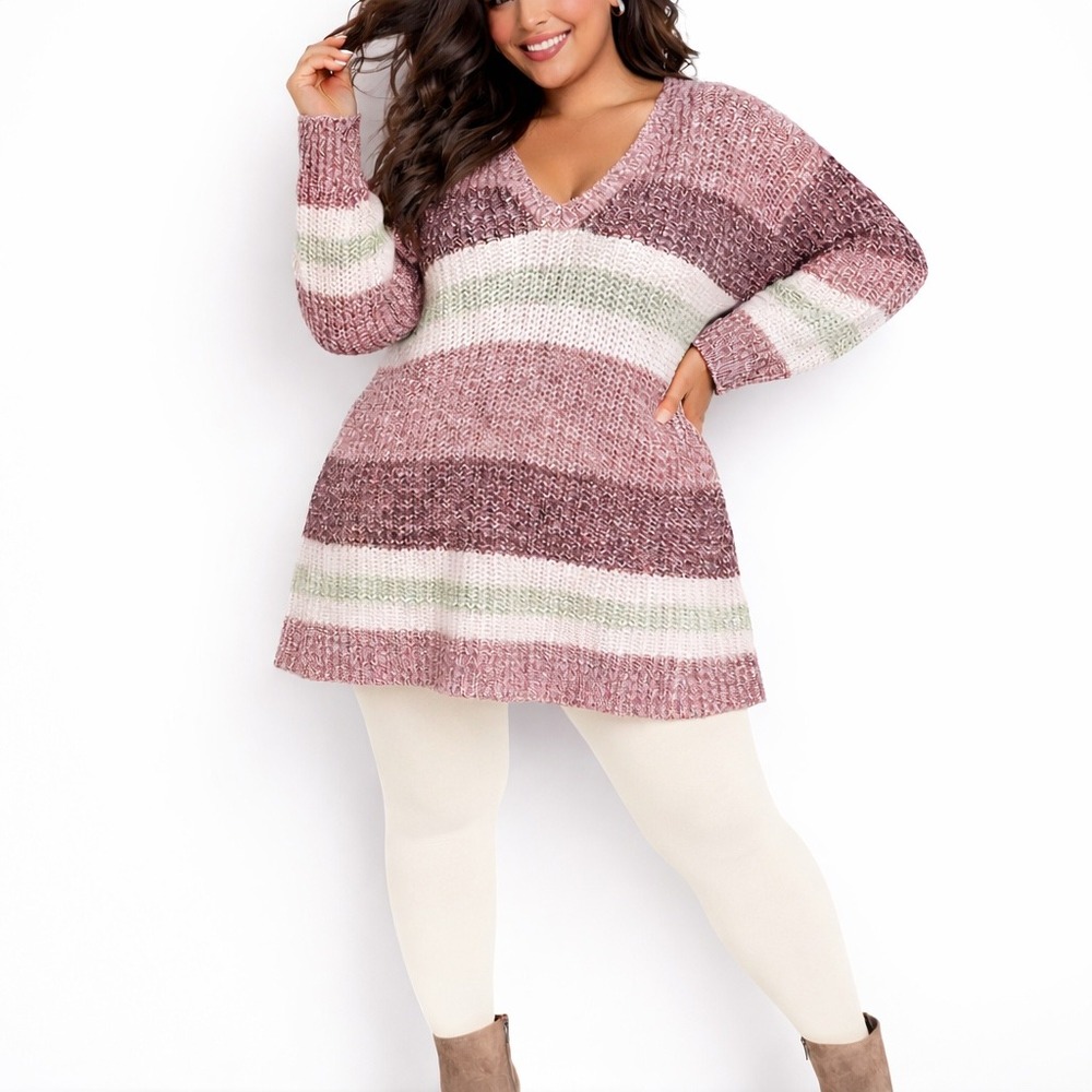 Torrid Plus Size‎ Striped V-Neck Tunic Sweater Multicolor Cottagecore Boho Hygge